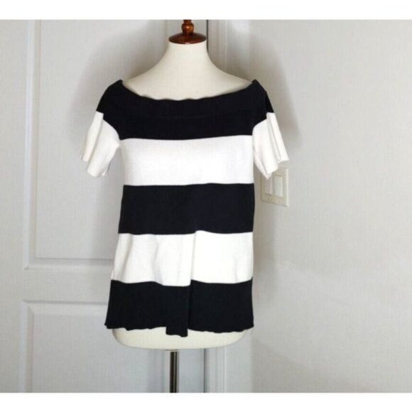 LOFT  Top  S  Off Shoulder Striped Knit  Black  White Nautical - Picture 4 of 7
